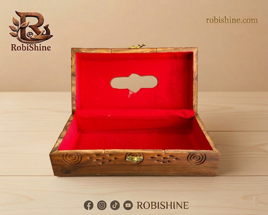 Hand-Carved Wooden Tissue Box with Brass Inlay