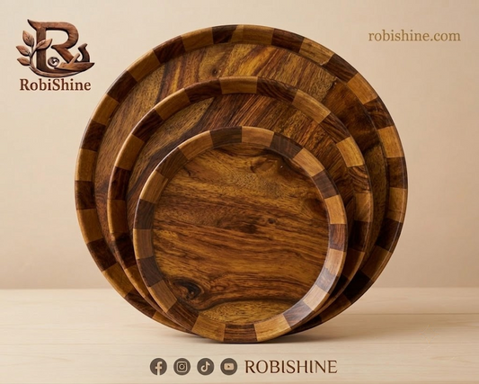 Natural Sheesham Wood Plates (Set of 3) – Handcrafted Round Serving Plates for Dining & Décor