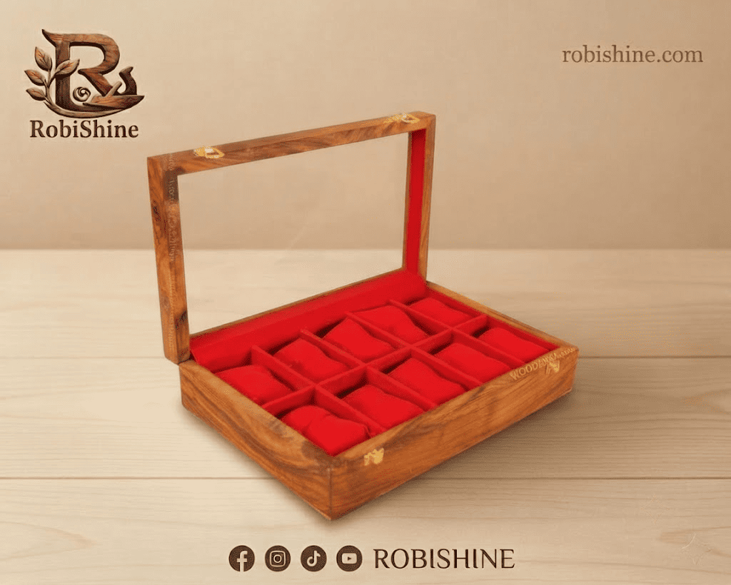 Wooden Simple Watch Box – 10 Slot Organizer with Glass Lid | RobiShine