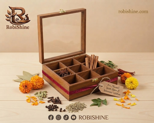 Simple Wooden Masala Box | 9 Compartment Spice Box with Glass Lid