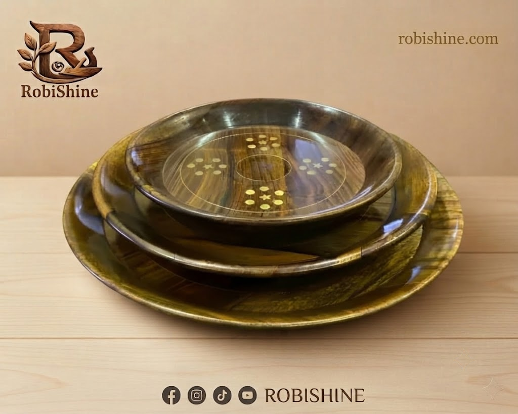 Brass Inlay Wooden Plates Set of 3 | Handmade Sheesham Wood