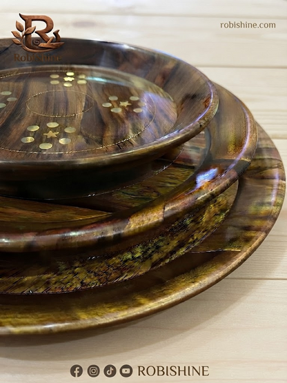 Brass Inlay Wooden Plates Set of 3 | Handmade Sheesham Wood