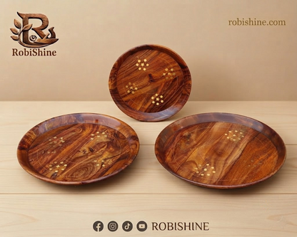 Brass Inlay Wooden Plates Set of 3 | Handmade Sheesham Wood