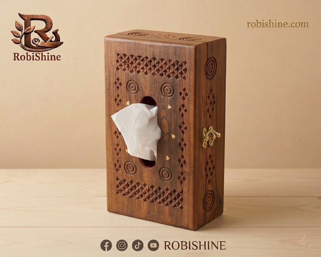 Hand-Carved Wooden Tissue Box with Brass Inlay