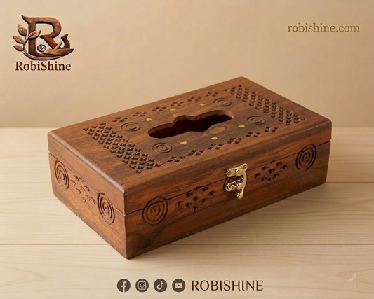 Hand-Carved Wooden Tissue Box with Brass Inlay