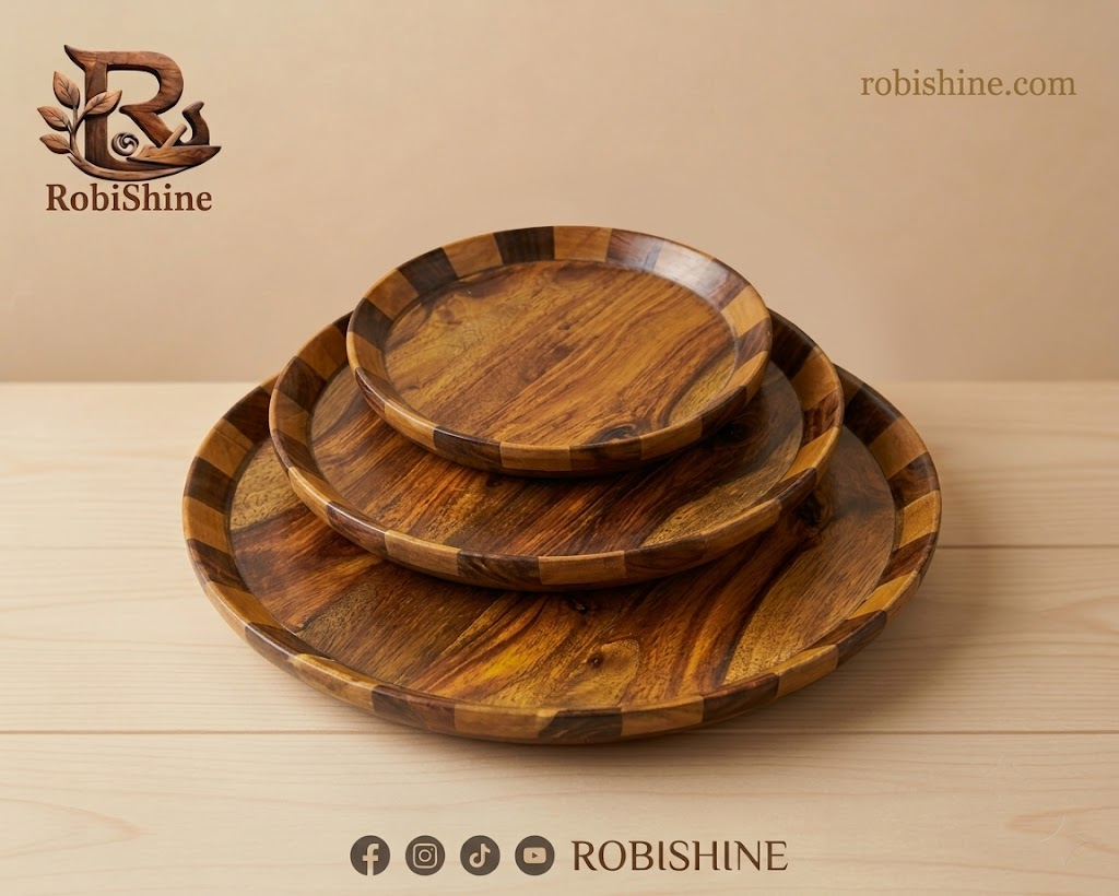 Natural Sheesham Wood Plates (Set of 3) – Handcrafted Round Serving Plates for Dining & Décor