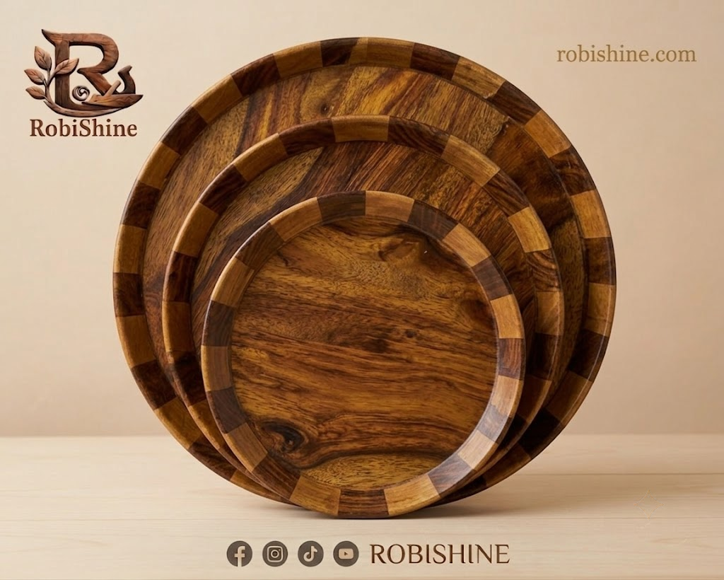 Natural Sheesham Wood Plates (Set of 3) – Handcrafted Round Serving Plates for Dining & Décor