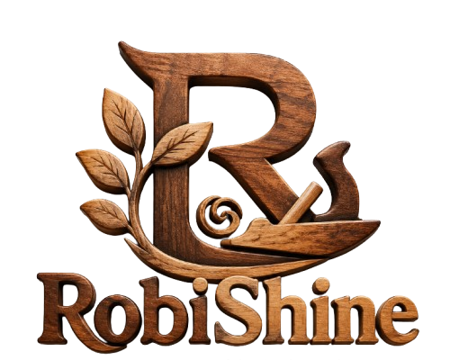 RobiShine logo with wooden design elements on a white background