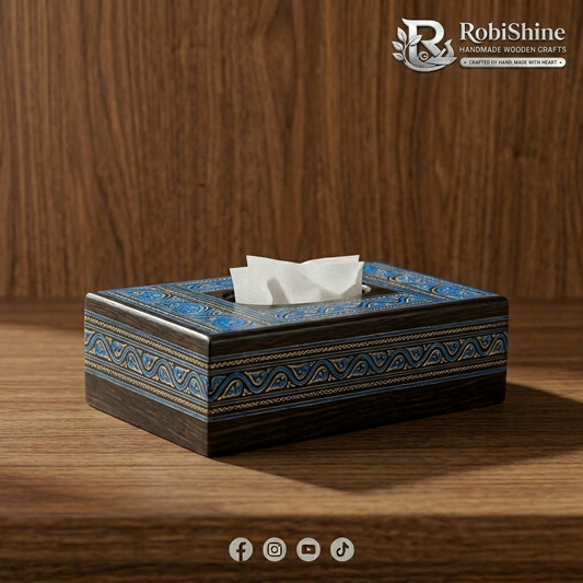 Handcrafted Premium Wooden Tissue Box – Royal Blue Naqshi Carving