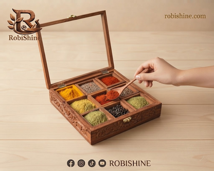 Handcrafted Wooden Masala Box | Carved Spice Box with Glass Lid – 9 Compartments, 10×10 Inches