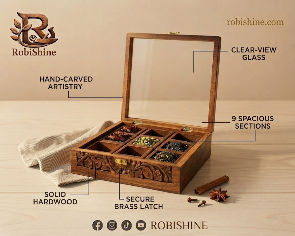 Handcrafted Wooden Masala Box | Carved Spice Box with Glass Lid – 9 Compartments, 10×10 Inches