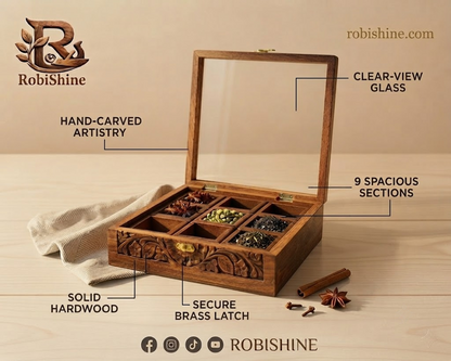 Handcrafted Wooden Masala Box | Carved Spice Box with Glass Lid – 9 Compartments, 10×10 Inches