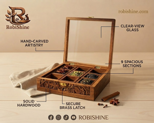 Handcrafted Wooden Masala Box | Carved Spice Box with Glass Lid – 9 Compartments, 10×10 Inches