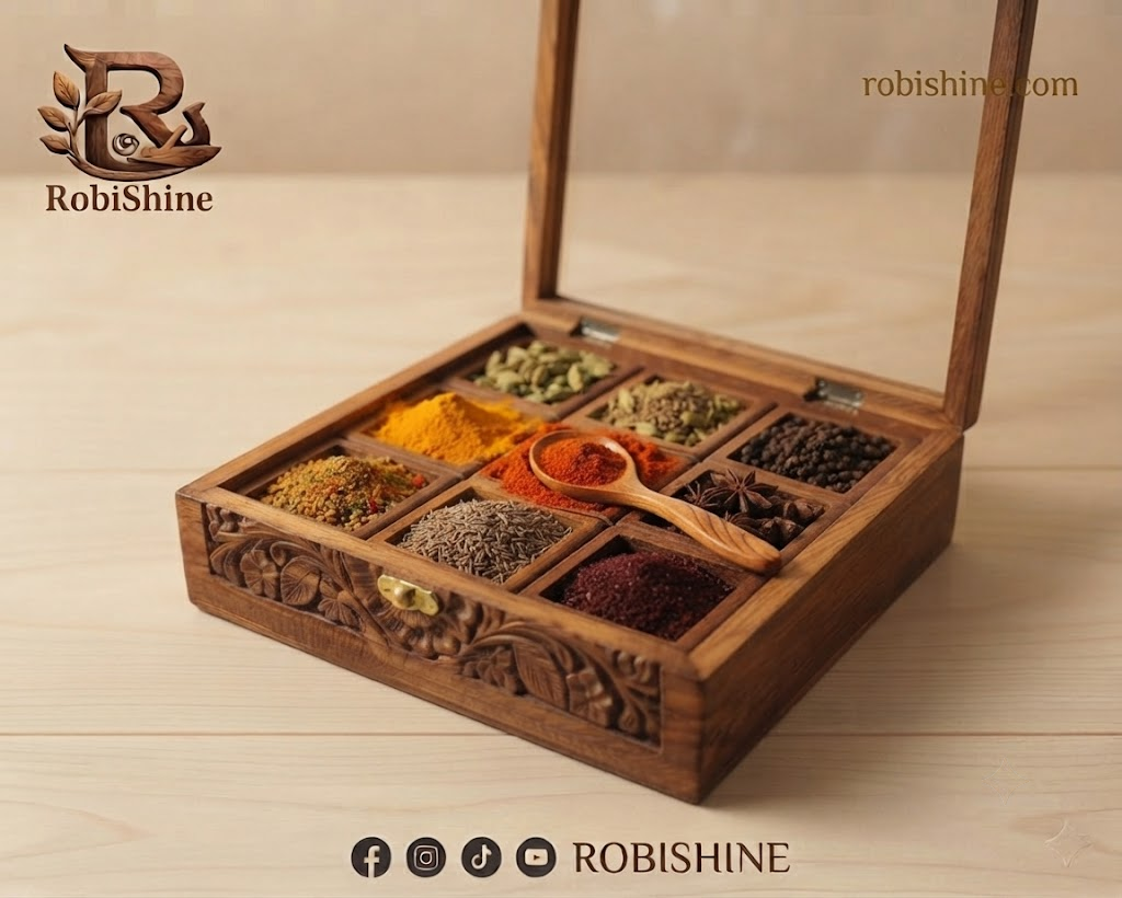 Handcrafted Wooden Masala Box | Carved Spice Box with Glass Lid – 9 Compartments, 10×10 Inches