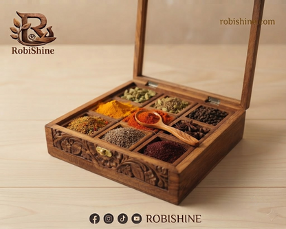 Handcrafted Wooden Masala Box | Carved Spice Box with Glass Lid – 9 Compartments, 10×10 Inches
