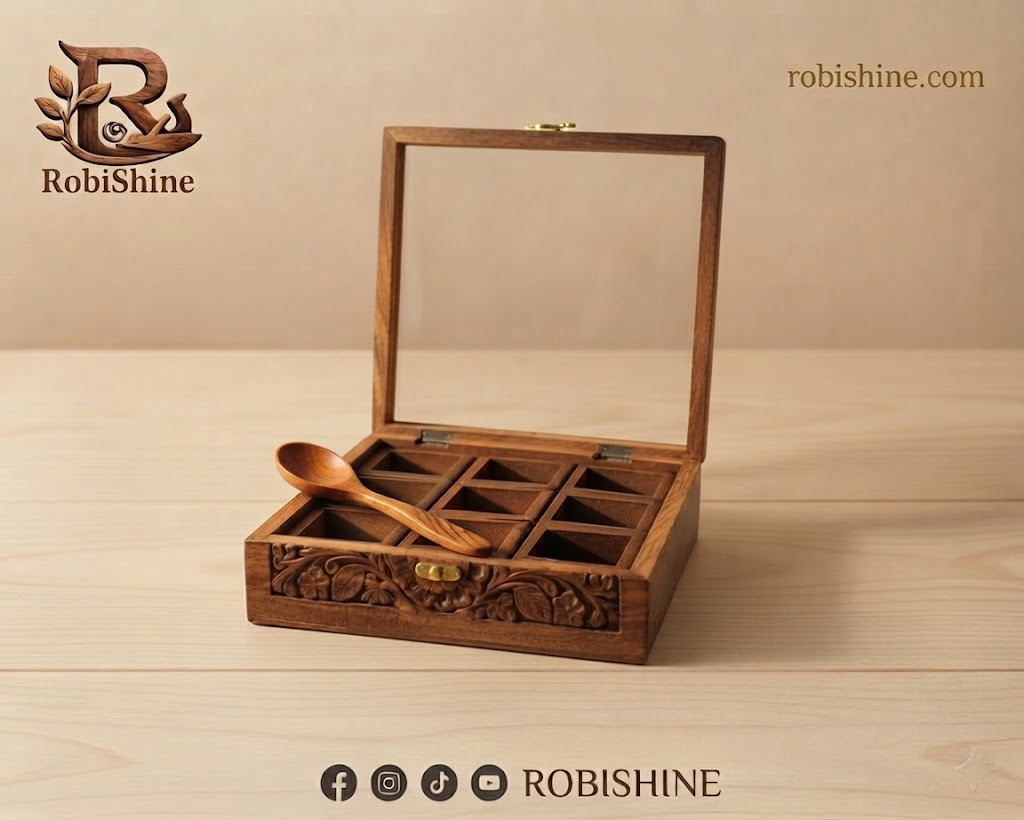 Handcrafted Wooden Masala Box | Carved Spice Box with Glass Lid – 9 Compartments, 10×10 Inches