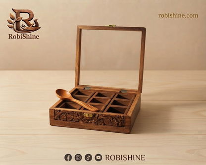 Handcrafted Wooden Masala Box | Carved Spice Box with Glass Lid – 9 Compartments, 10×10 Inches