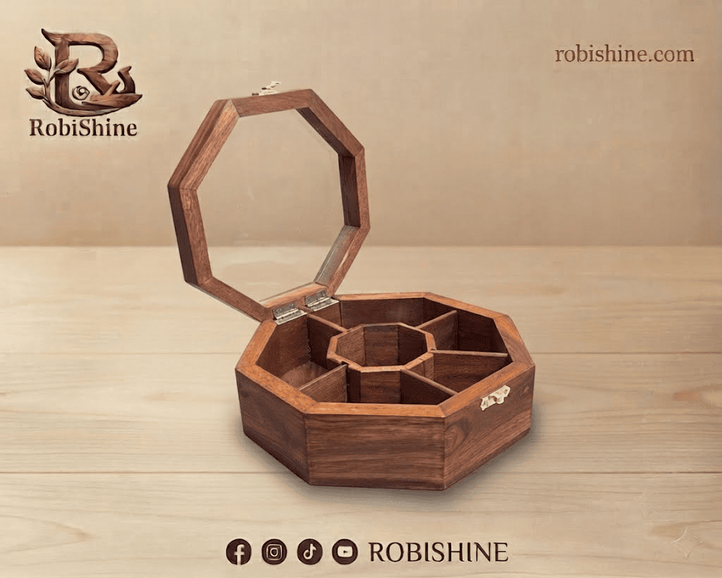 Handmade Wooden Spice Container – 7 Compartment Masala Box