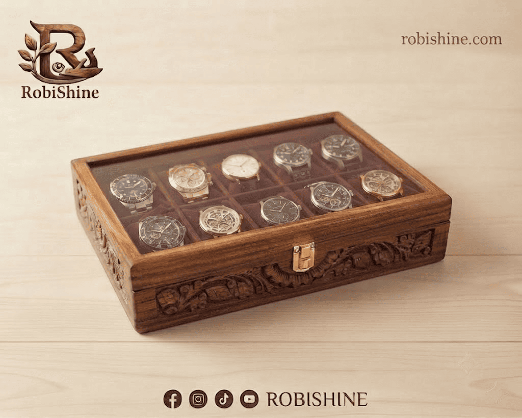 Handmade Wooden Watch Box | 10 Slot Carved Wooden Watch Organizer with Glass Lid – RobiShine
