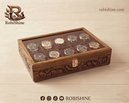 Handmade Wooden Watch Box | 10 Slot Carved Wooden Watch Organizer with Glass Lid – RobiShine