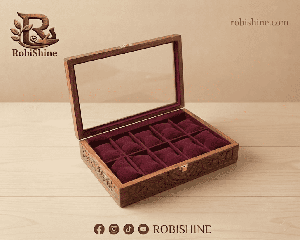 Handmade Wooden Watch Box | 10 Slot Carved Wooden Watch Organizer with Glass Lid – RobiShine