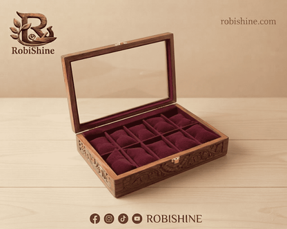 Handmade Wooden Watch Box | 10 Slot Carved Wooden Watch Organizer with Glass Lid – RobiShine
