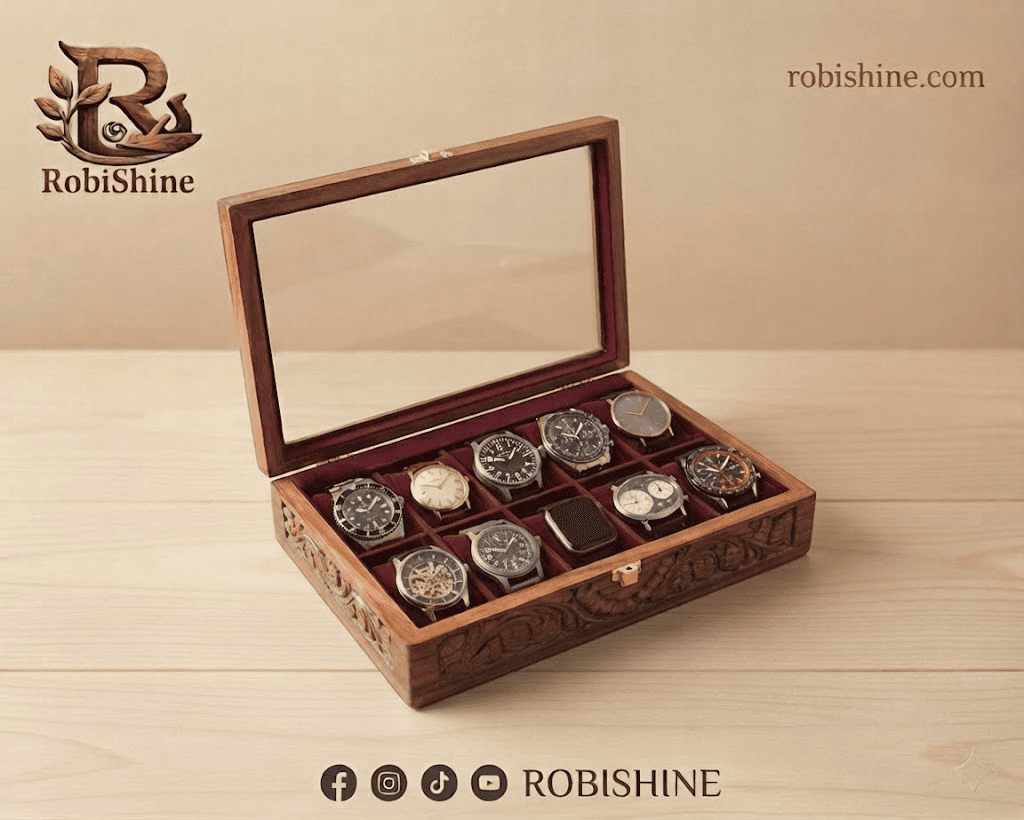 Handmade Wooden Watch Box | 10 Slot Carved Wooden Watch Organizer with Glass Lid – RobiShine