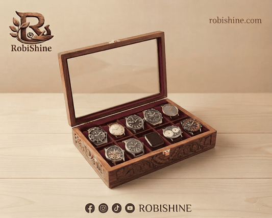 Handmade Wooden Watch Box | 10 Slot Carved Wooden Watch Organizer with Glass Lid – RobiShine