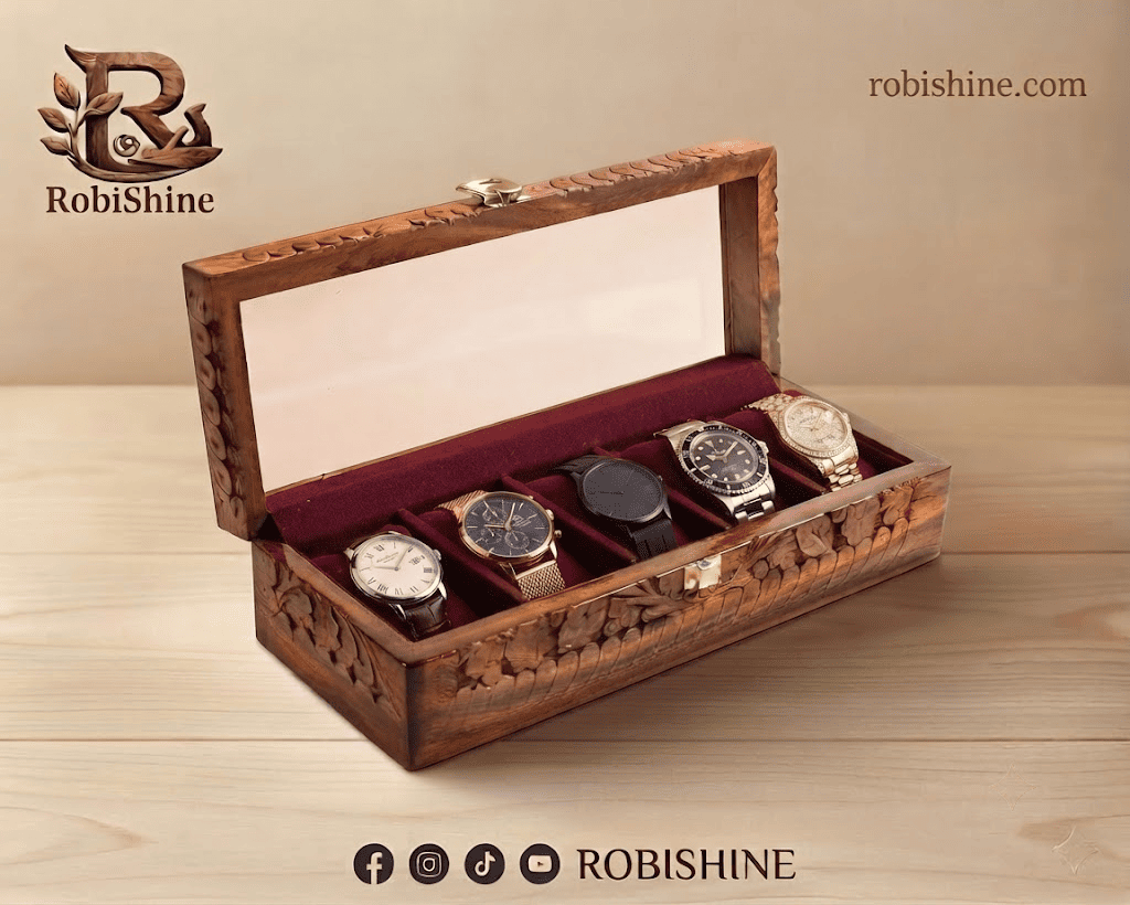 Handmade Wooden Watch Box | 5 Slot Carved Wooden Watch Organizer with Glass Lid – RobiShine