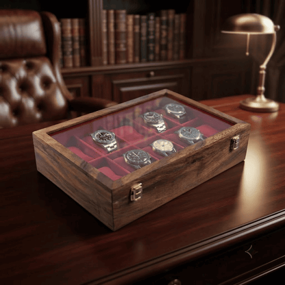 Wooden Simple Watch Box – 10 Slot Organizer with Glass Lid | RobiShine