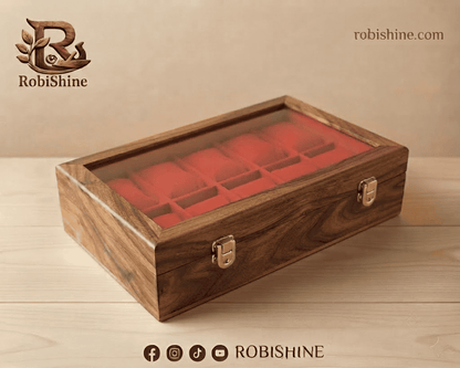 Wooden Simple Watch Box – 10 Slot Organizer with Glass Lid | RobiShine
