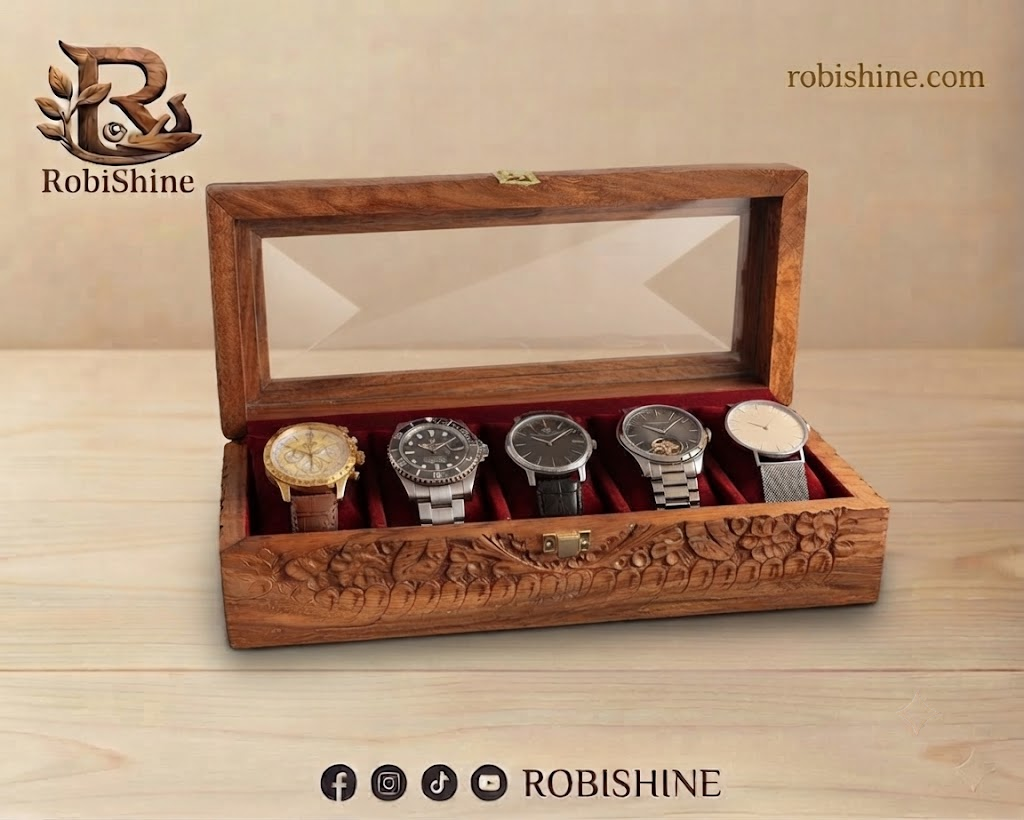 Handmade Wooden Watch Box | 5 Slot Carved Wooden Watch Organizer with Glass Lid – RobiShine