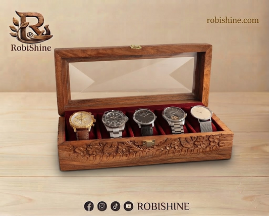 Handmade Wooden Watch Box | 5 Slot Carved Wooden Watch Organizer with Glass Lid – RobiShine