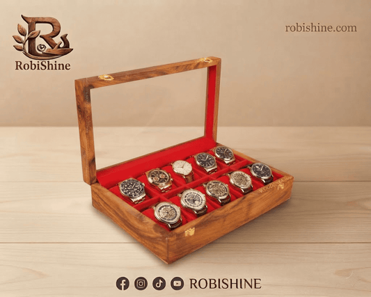 Wooden Simple Watch Box – 10 Slot Organizer with Glass Lid | RobiShine