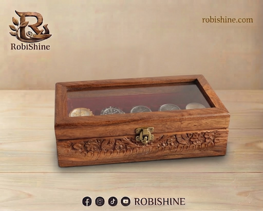 Handmade Wooden Watch Box | 5 Slot Carved Wooden Watch Organizer with Glass Lid – RobiShine