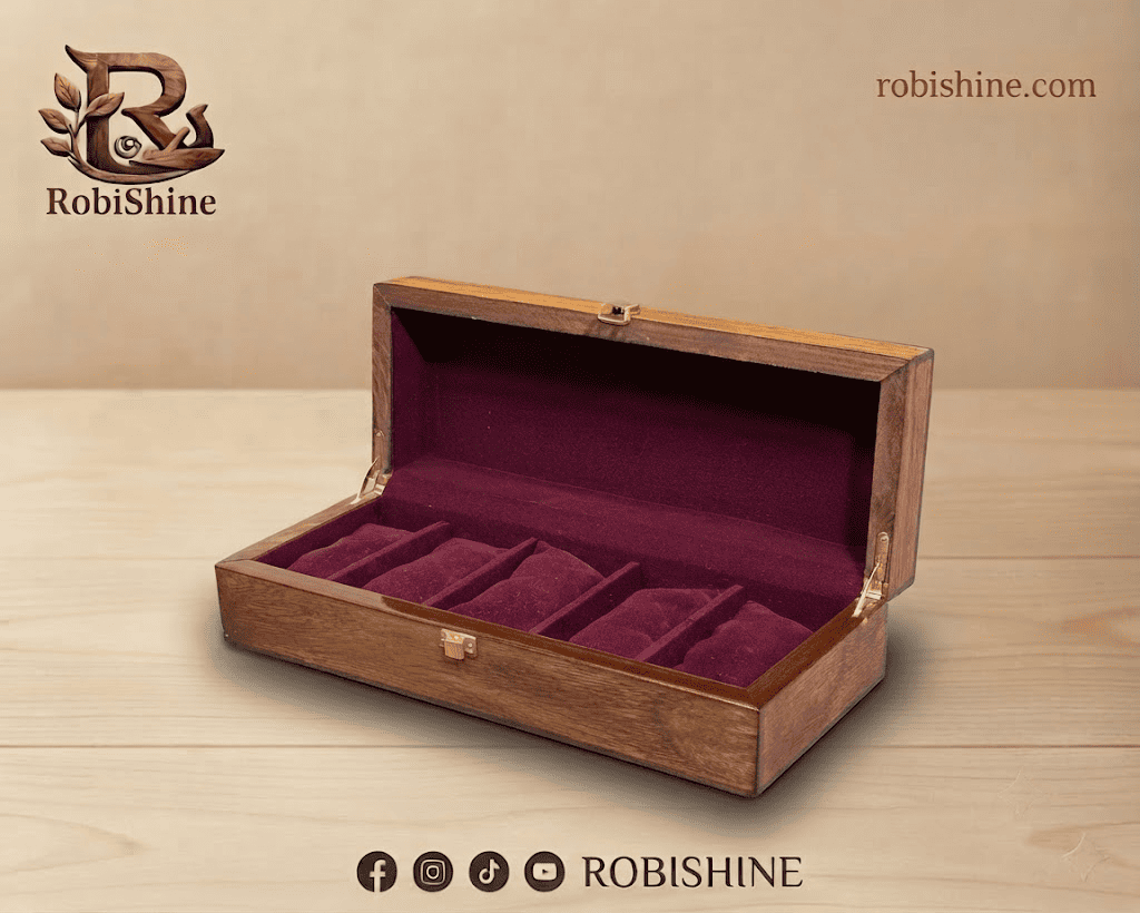 Natural Wood Watch Storage Box – 5 Slot Case with Brass Clasp