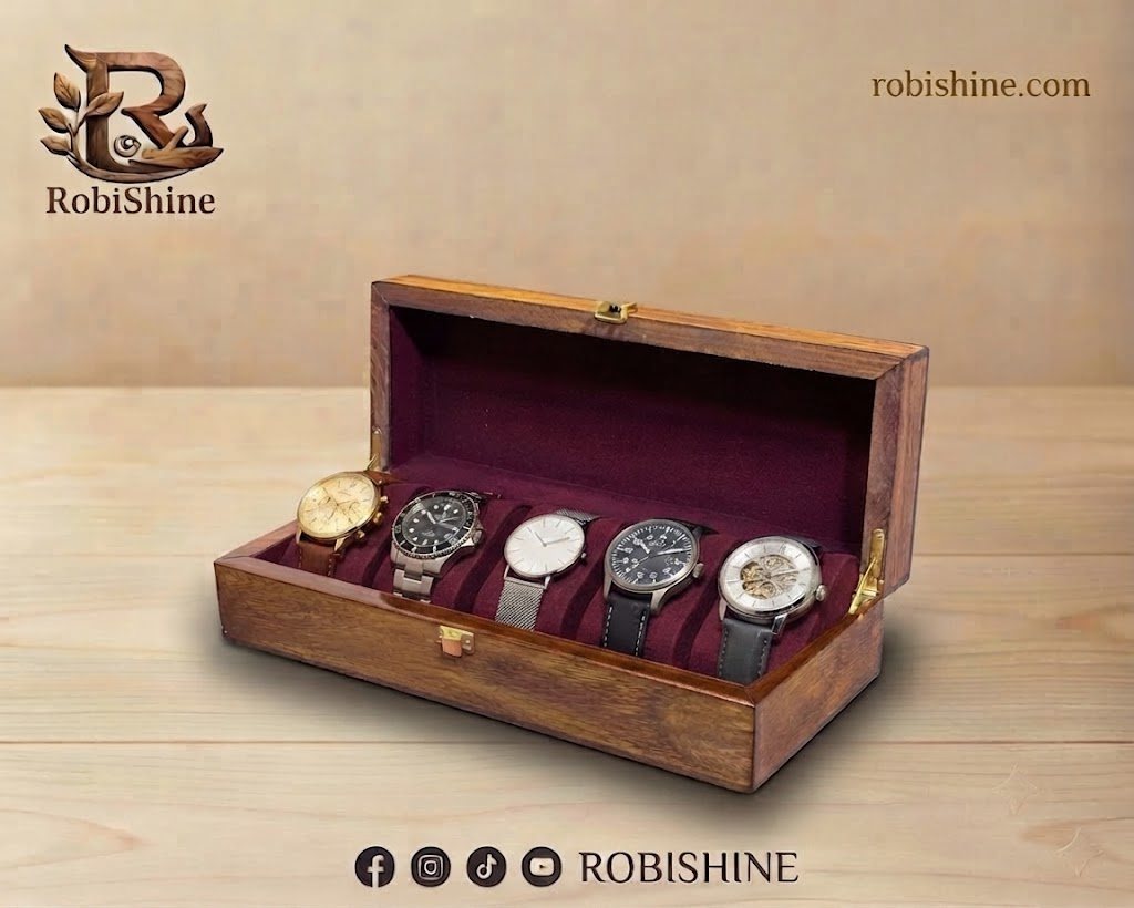 Natural Wood Watch Storage Box – 5 Slot Case with Brass Clasp