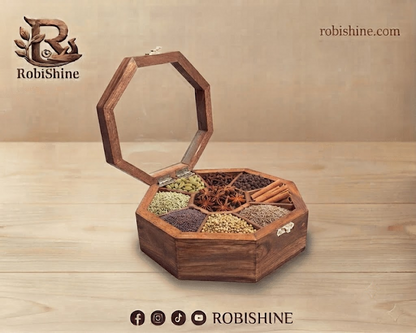 Handmade Wooden Spice Container – 7 Compartment Masala Box
