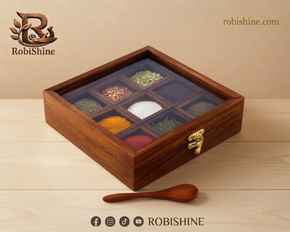 Simple Wooden Masala Box | 9 Compartment Spice Box with Glass Lid