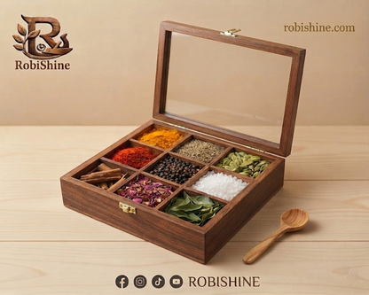 Simple Wooden Masala Box | 9 Compartment Spice Box with Glass Lid