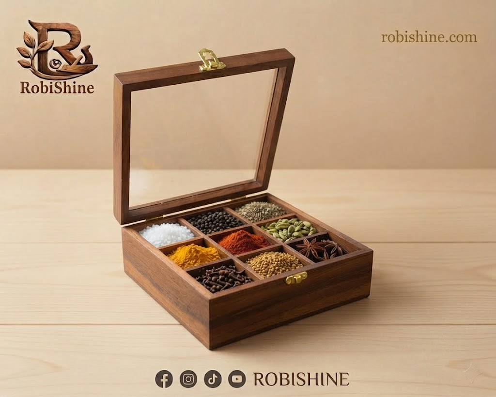 Simple Wooden Masala Box | 9 Compartment Spice Box with Glass Lid