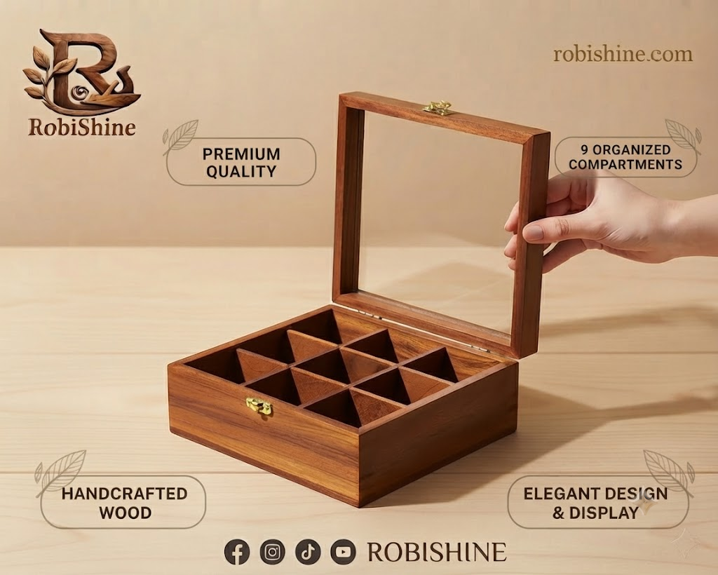 Simple Wooden Masala Box | 9 Compartment Spice Box with Glass Lid