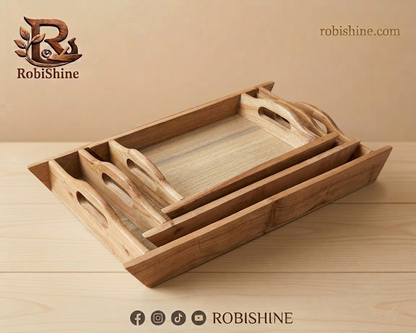 Natural Wood Serving Trays (Set of 3) – Handcrafted Rectangular Trays with Handles
