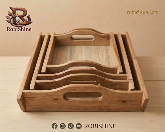 Natural Wood Serving Trays (Set of 3) – Handcrafted Rectangular Trays with Handles