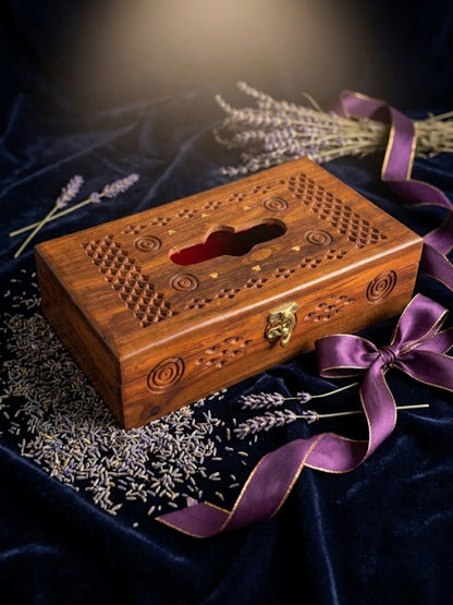 Hand-Carved Wooden Tissue Box with Brass Inlay
